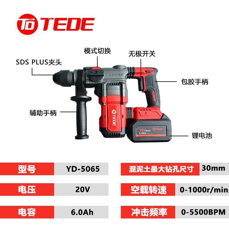 TEDE 锂电无刷充电式冲击钻/重锤 YD-5065 一电一充单位:套高清大图