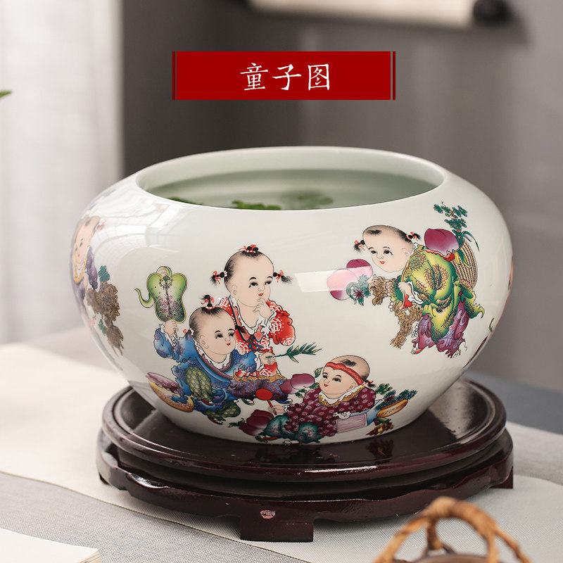 景德镇陶瓷器 手绘写意水浅金鱼缸盆养水仙荷花睡莲 家居摆件 三维工匠 小号童子图(不含底座)高清大图