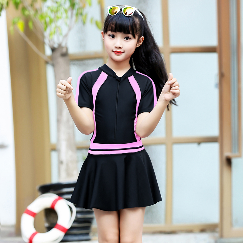 七色王国儿童专业泳衣女孩连体裙式1215岁学生训练泳装少女童泳衣中大