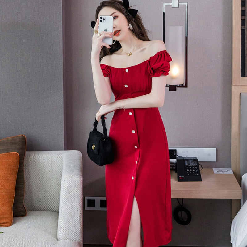 玳恩女神法式优雅网纱拼接开叉中长裙a字裙宴会裙子女人味红色连衣裙