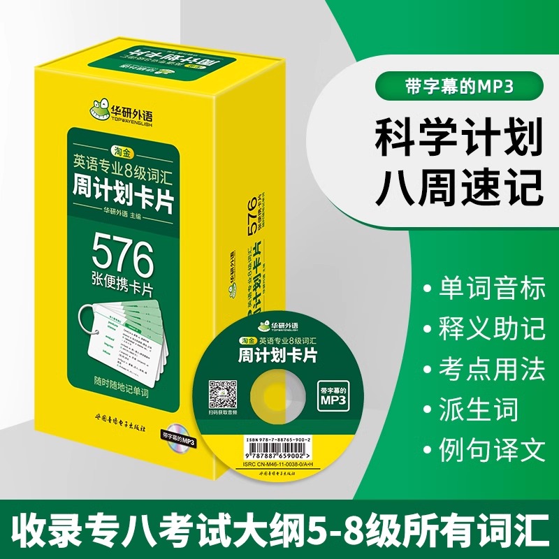 [正版]华研外语 专八词汇卡片备考2024 淘金英语专业8级词汇周计划576张便携单词真题试卷阅读理解听力改错翻译写作高清大图