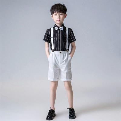 黑白条衬衫+白裤子+背带+领结 90cm 帅气男童礼服夏小西装套装男孩主持人走秀演出服英伦儿童花童正装
