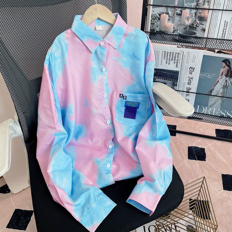 秋壳扎染衬衫女2022新款复古港风长袖宽松学生休闲上衣ins潮