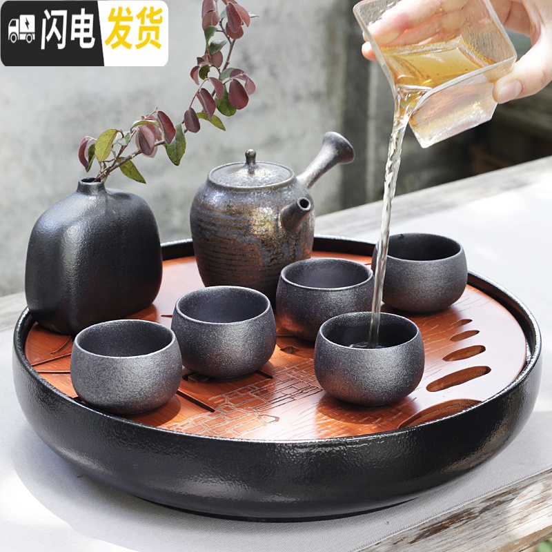 三维工匠陶瓷小茶盘圆形储水家用功夫茶具干泡茶道重竹制托盘简约茶台迷你 栗色金玉满堂。石面板高清大图