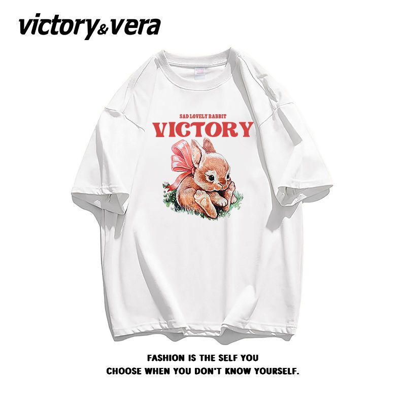VICTORYVERA100%纯棉卡通盐系半袖女夏季宽松慵懒风短袖百搭t恤女