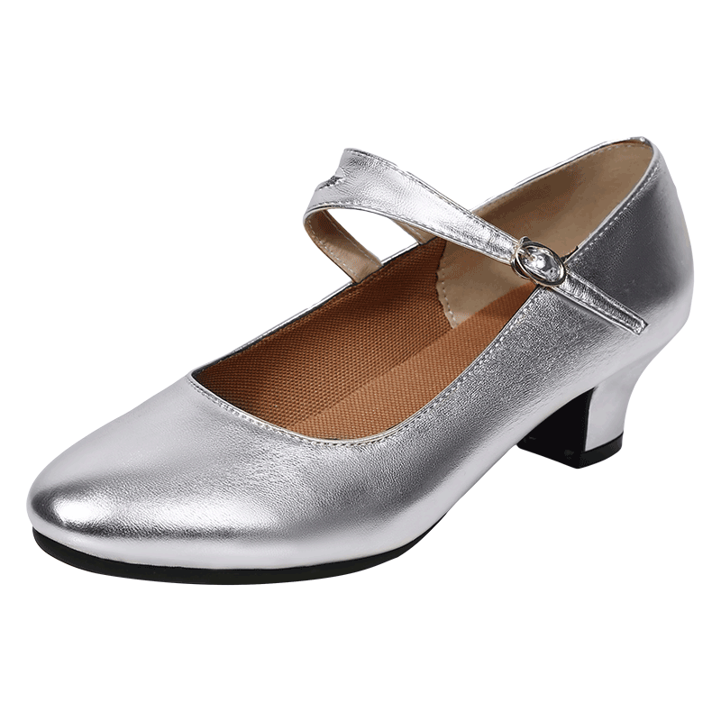 舞蹈鞋女式中跟软底成人银色演出跳舞鞋四季广场舞鞋真皮2019新款参数