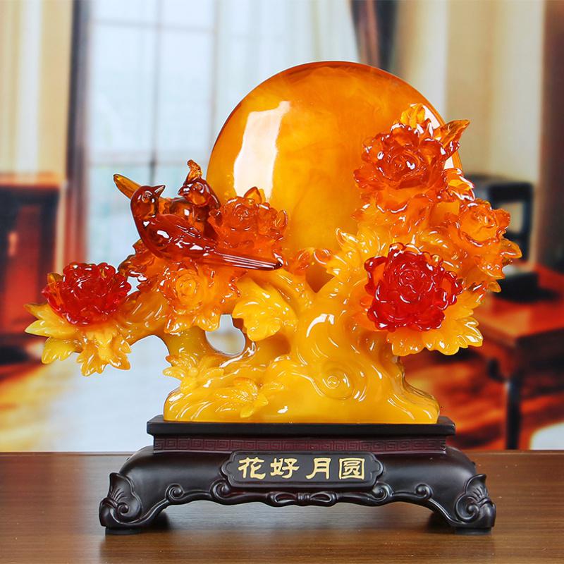 美帮汇花好月圆牡丹花仿玉摆件鸳鸯鸟客厅工艺品家居创意结婚新房装饰品高清大图