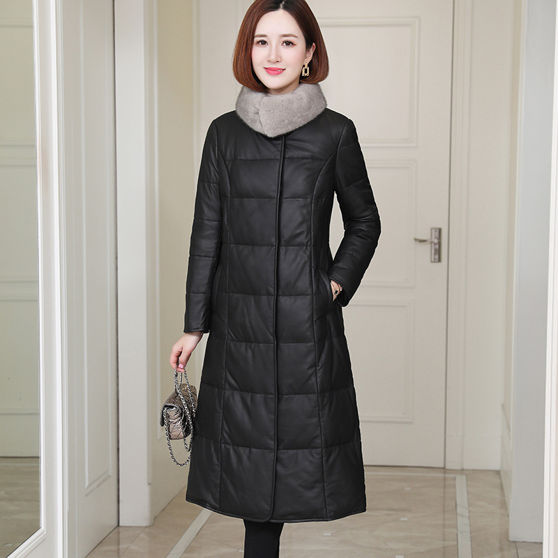 2024海宁真皮皮羽绒服新款女长款水貂毛领绵羊皮加绒加厚皮衣外套 3XL 黑色