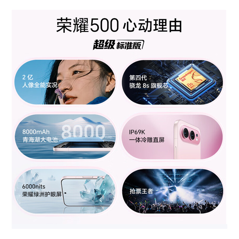 荣耀500 12GB+512GB 星光粉 5G手机 青海湖电池 AI学生 拍照智能手机高清大图
