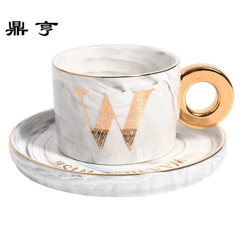 鼎亨小西家 北欧ins风大理石纹金边陶瓷咖啡杯碟 下午茶花茶杯红