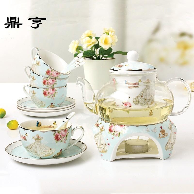 鼎亨简约花茶茶具花茶壶玻璃套装加热底座水果茶壶家用英式茶具欧