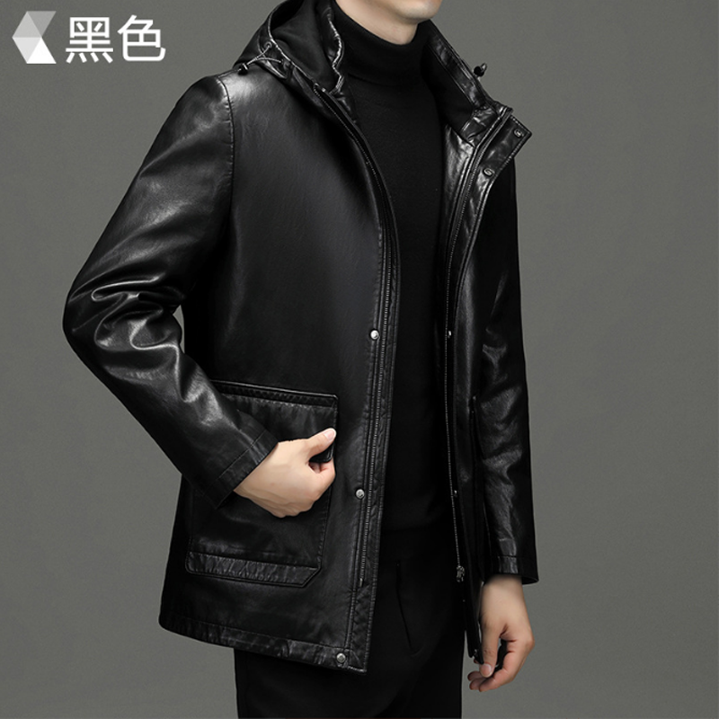 2022高端中年男士连帽超纤真皮羽绒服中长款可脱卸白鸭绒内胆外套