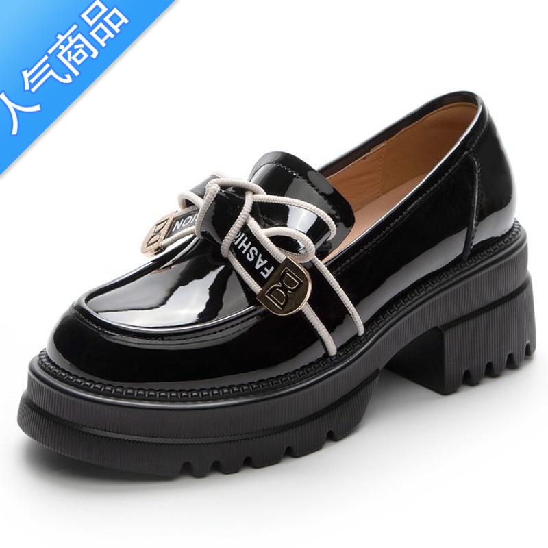 SUNTEK英伦风小皮鞋女春秋2023新款夏季透气网纱单鞋增高黑色乐福鞋高清大图