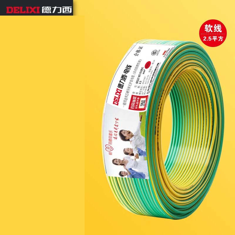德力西 电线电缆BVR10平方铜芯电线软线国标单股 黄绿双色 100米