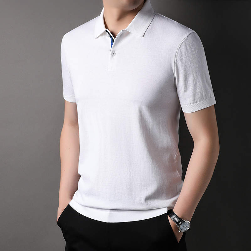 夏季新款男士翻领纯色桑蚕丝短袖t恤休闲亚麻男装棉质半袖polo衫 白色 165/S