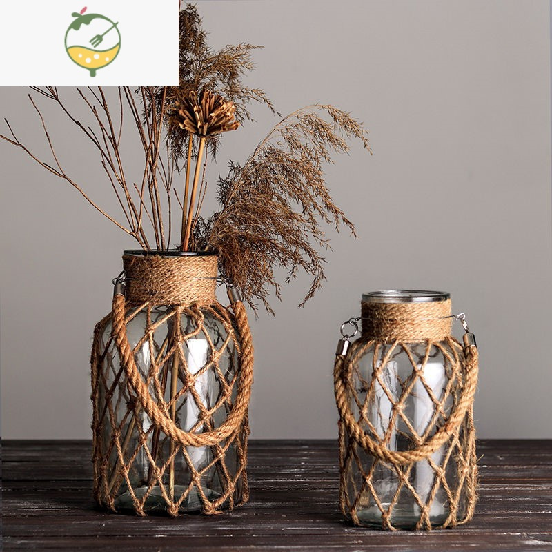 yicheng复古麻绳麻线玻璃花瓶手工编织美式乡村创意水培花瓶桌面摆件