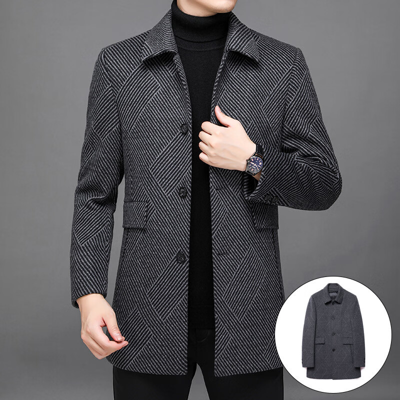 默尼密思品牌冬季羊毛大衣中老年男装翻领可脱卸羽绒内胆中长款毛呢子