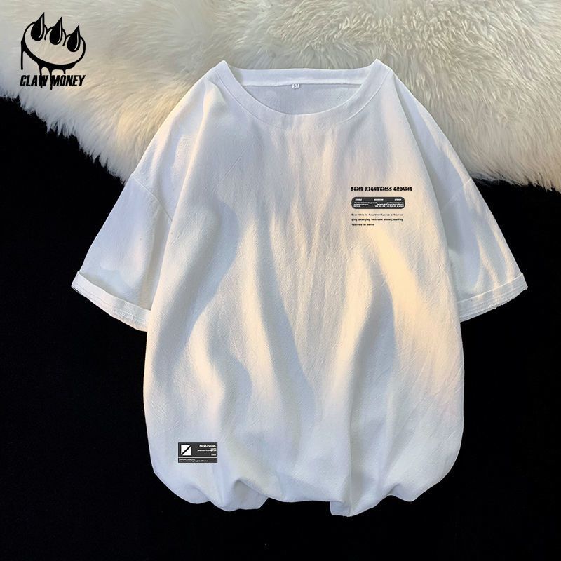 Claw money宽松休闲棉麻短袖T恤男夏季潮牌亚麻五分袖学生半截袖