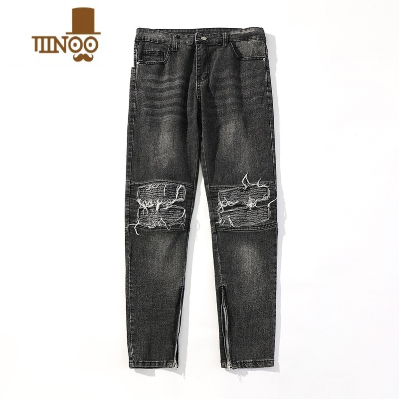 YANXU美式水洗破洞牛仔裤男士垂感宽松直筒街头潮流韩版拉链阔腿乞丐裤