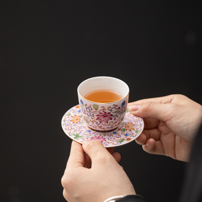 苏氏陶瓷(SUSHI CERAMICS)珐琅彩宫廷风陶瓷个人茶杯茶托礼盒伴手礼(粉)高清大图