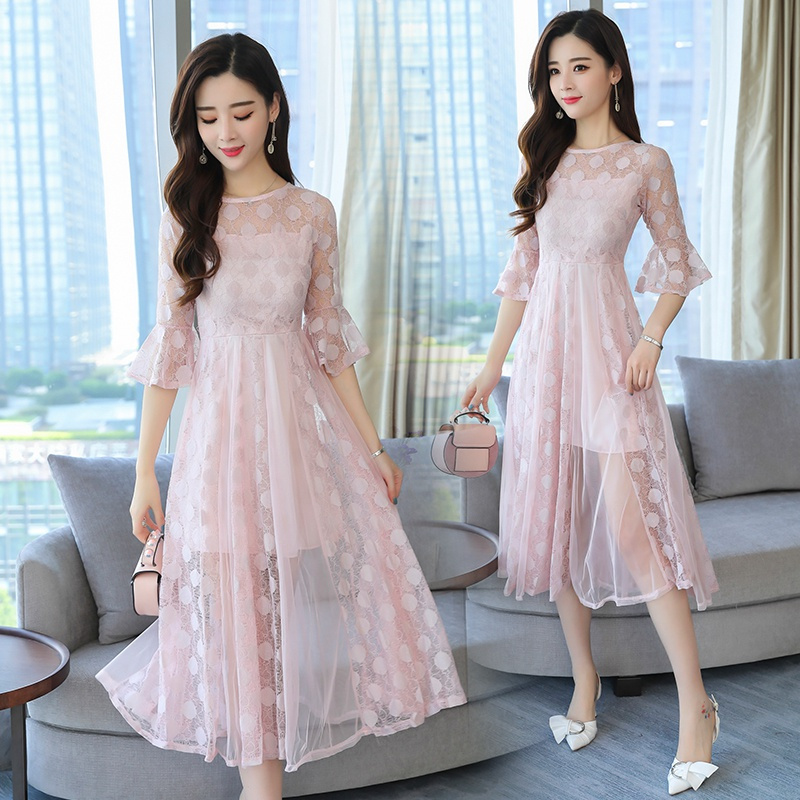 女士夏款新品女中长款温柔风气质蕾丝网纱连衣裙仙女女飘逸裙子潮