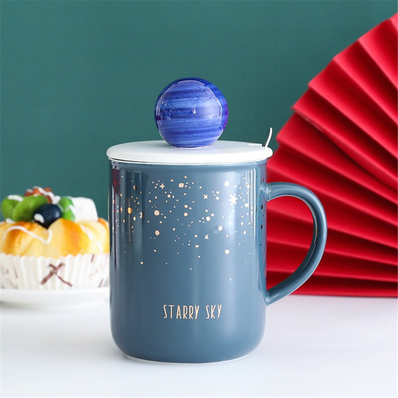 贝瑟斯 星空立体盖陶瓷马克杯带盖勺潮流情侣咖啡杯韩版喝水杯子