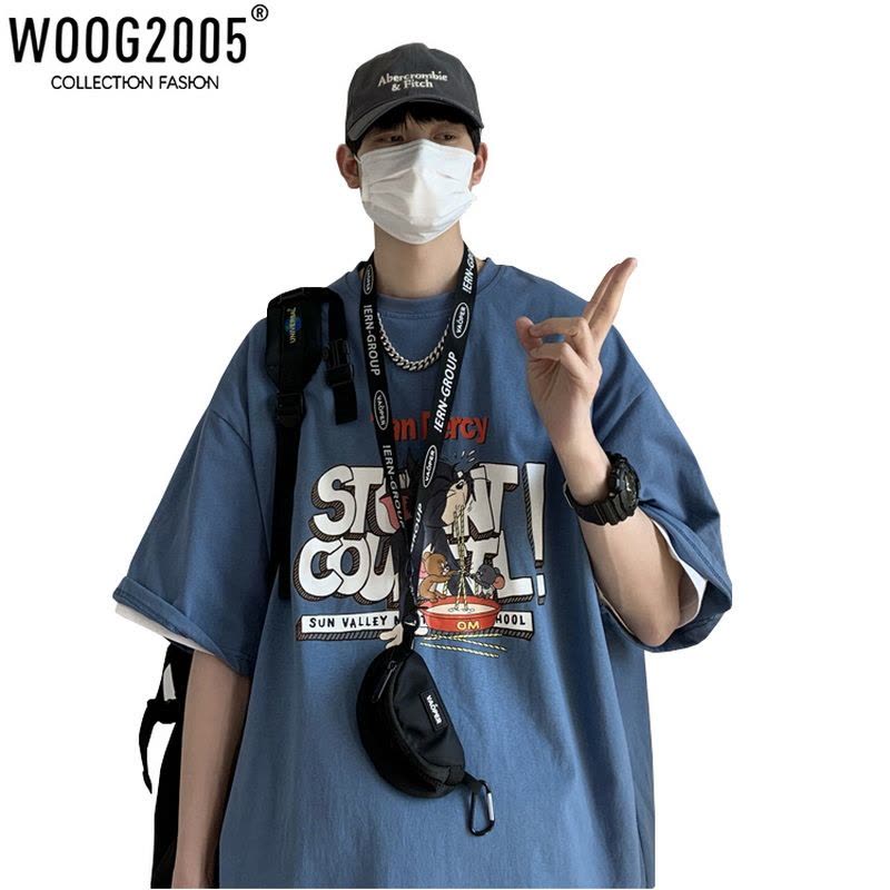 WOOG2005白色短袖男夏季上衣纯棉t恤oversize青少年情侣体恤半袖图片