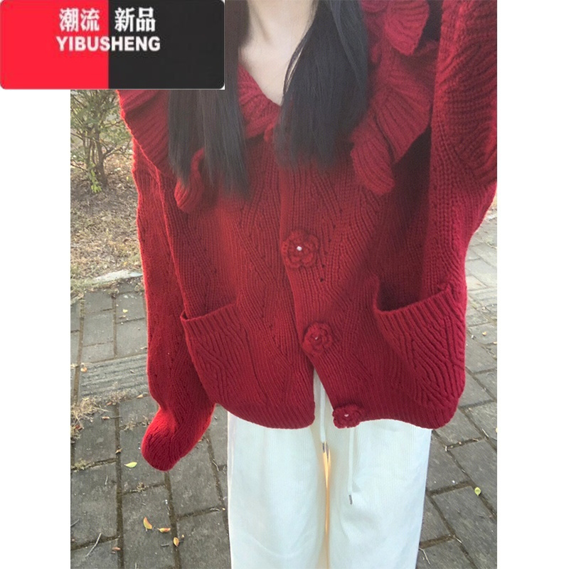 yibusheng小香风娃娃领红色毛衣外套女加厚针织开衫设计感小众圣诞