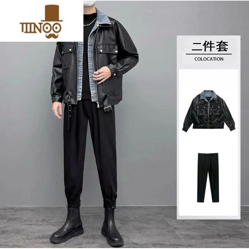 YANXU假PU皮衣外套男新款潮牌宽松牛仔夹克痞帅感休闲套装图片