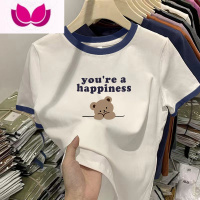 七斓插肩短袖夏季新款拼接撞色t恤女宽松小众设计感洋气上衣ins衣 L111-125斤 藏青色-英文小熊