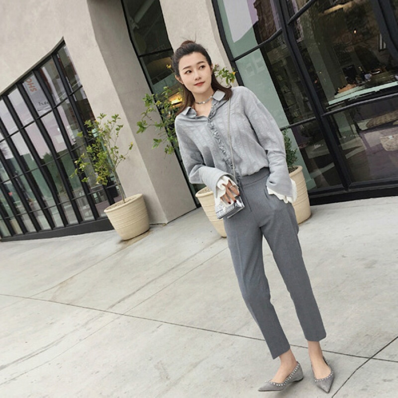 西装裤女萝卜裤春裤子2018新款高腰九分直筒烟管女裤休闲哈伦裤夏黑色[磨毛料]
