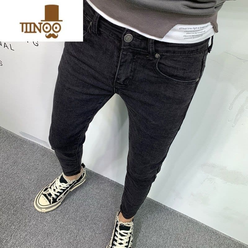 YANXU黑色牛仔长裤男潮牌2023夏季新款韩版休闲弹力修身小脚潮流九分裤图片