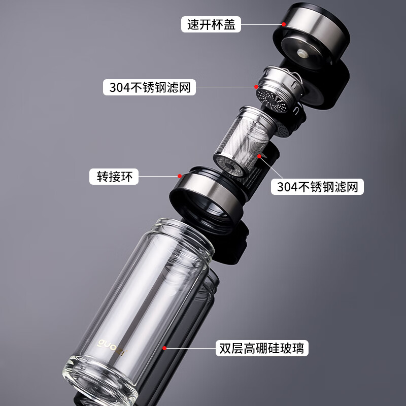 果兹(GUOZI)一键速开玻璃杯350ML 茶水分离泡茶杯GZ-JD-BO003 钢本色高清大图