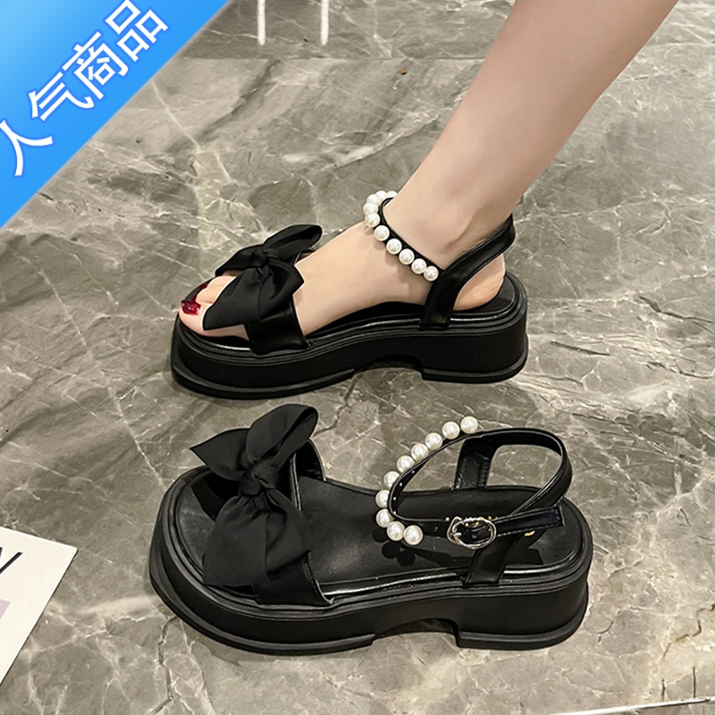 SUNTEK时尚厚底珍珠蝴蝶结露趾凉鞋女2023夏季新款仙女风百搭松百2蝶新高清大图