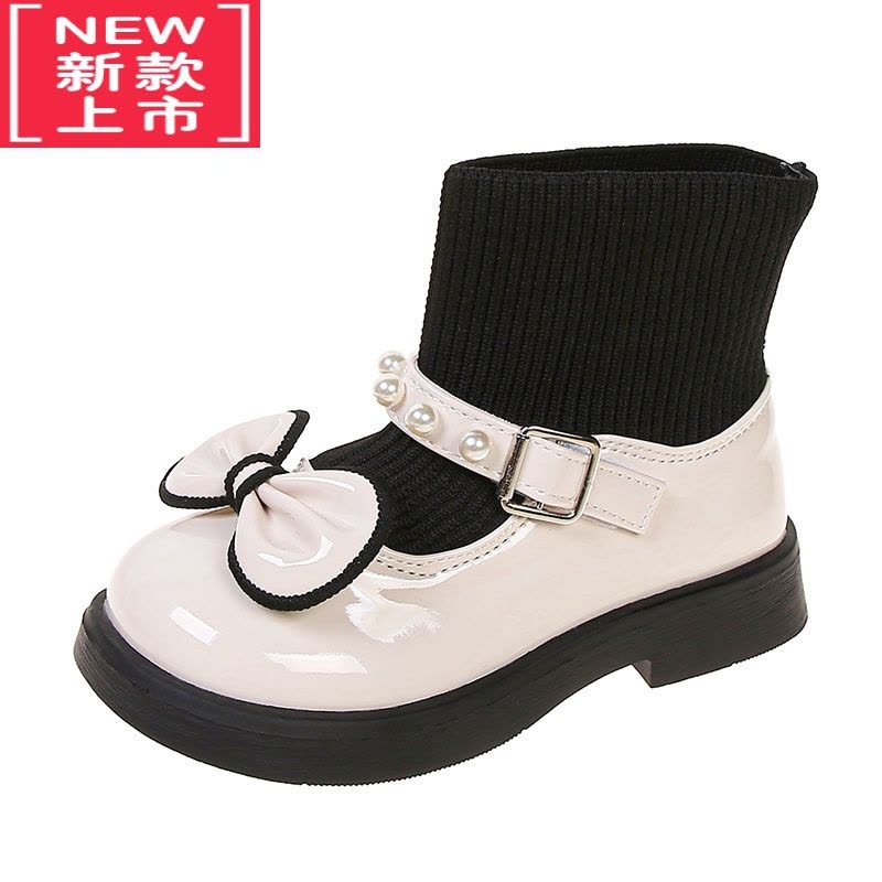 可莉允童鞋女童靴子春秋新款软底二棉袜靴中大童黑色玛丽珍马丁靴小女孩图片