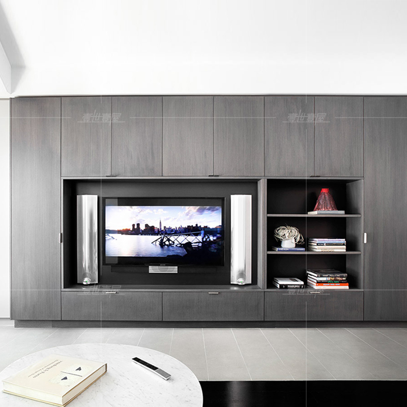 寻木匠现代客厅轻奢满墙电视柜定制质感青灰高端整墙储物电视柜屋定做