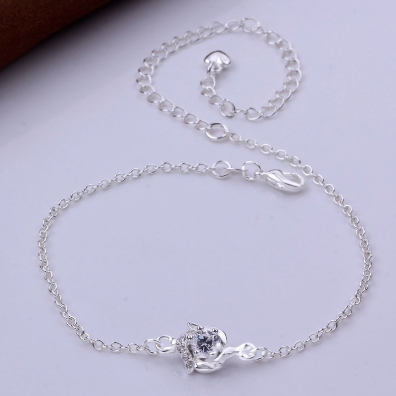 A034 Women Jewelry Silver Anklet 镀银饰品花朵白锆石脚链女潮送女朋友七夕情人节礼物