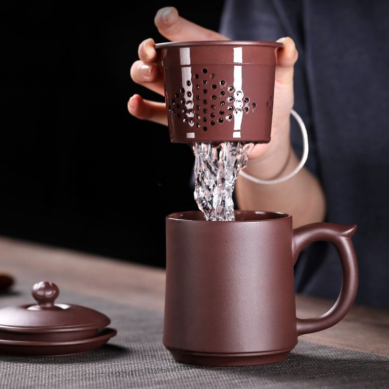 金镶玉 凌小明老师手作 宜兴紫砂杯 手工原矿茶杯带过滤四件套功夫茶具茶缸送礼礼盒装400cc 凌小明富贵莲花紫砂杯