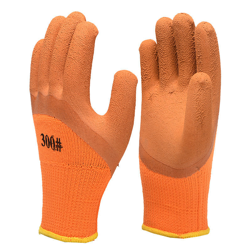 冬季毛圈加厚加绒劳保手套防滑保暖耐磨工作浸胶乳胶防护手套 加绒