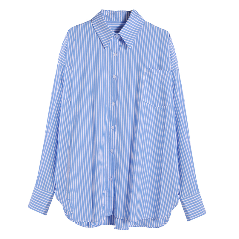 条纹衬衫女夏季薄款露肩长袖衬衣设计感小众宽松中长款蓝色上衣潮条纹