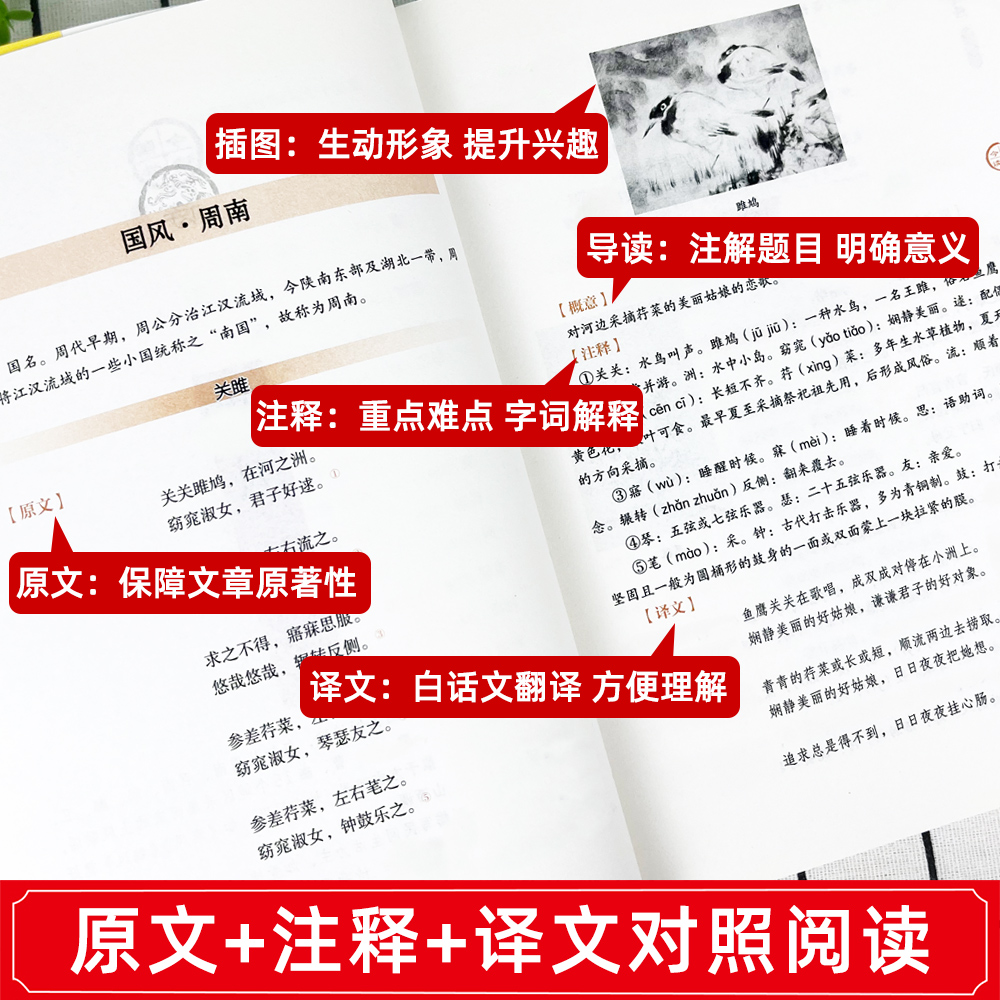 诗经 [正版]诗经全集原著完整版 插图版 305首诗经楚辞详解版拼音注析注音 中小学生初中生高中生成人无删减 译注解析鉴高清大图