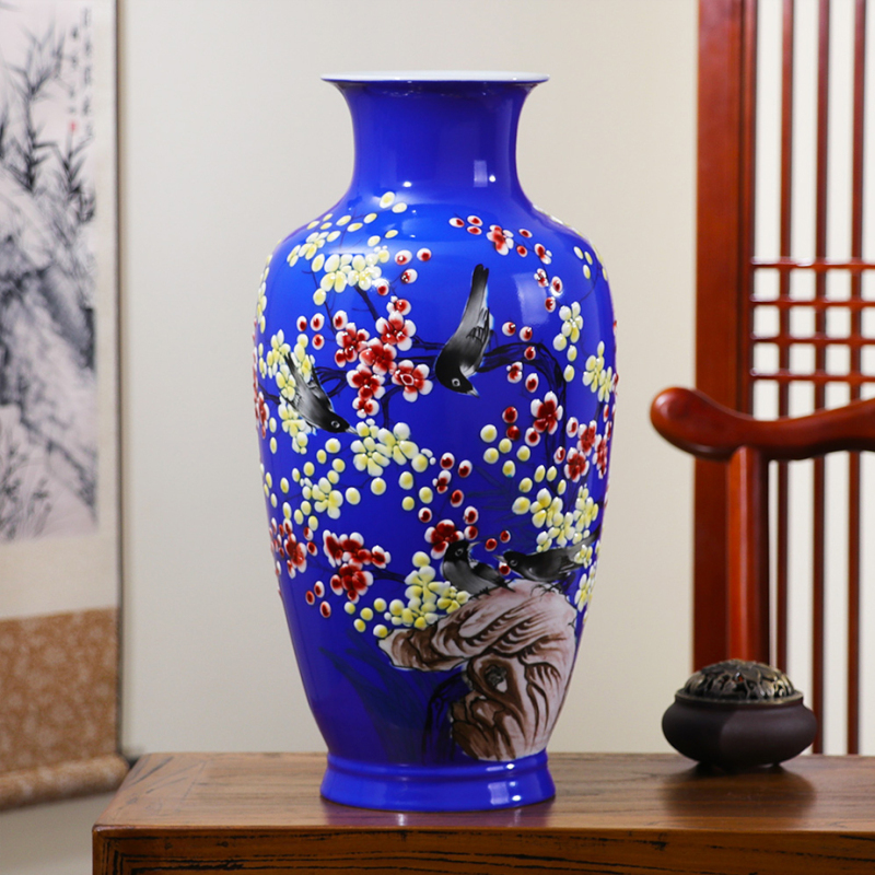 彩帮景德镇手绘陶瓷器花瓶插花中式家居客厅玄关电视柜装饰摆件礼物 黄色赏瓶