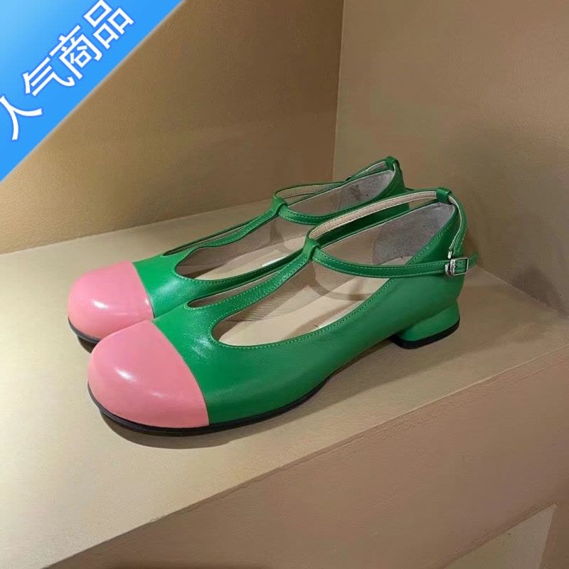 SUNTEK2023新款复古圆头撞色一字扣带单鞋女百搭拼色低跟玛丽珍鞋乐福鞋图片