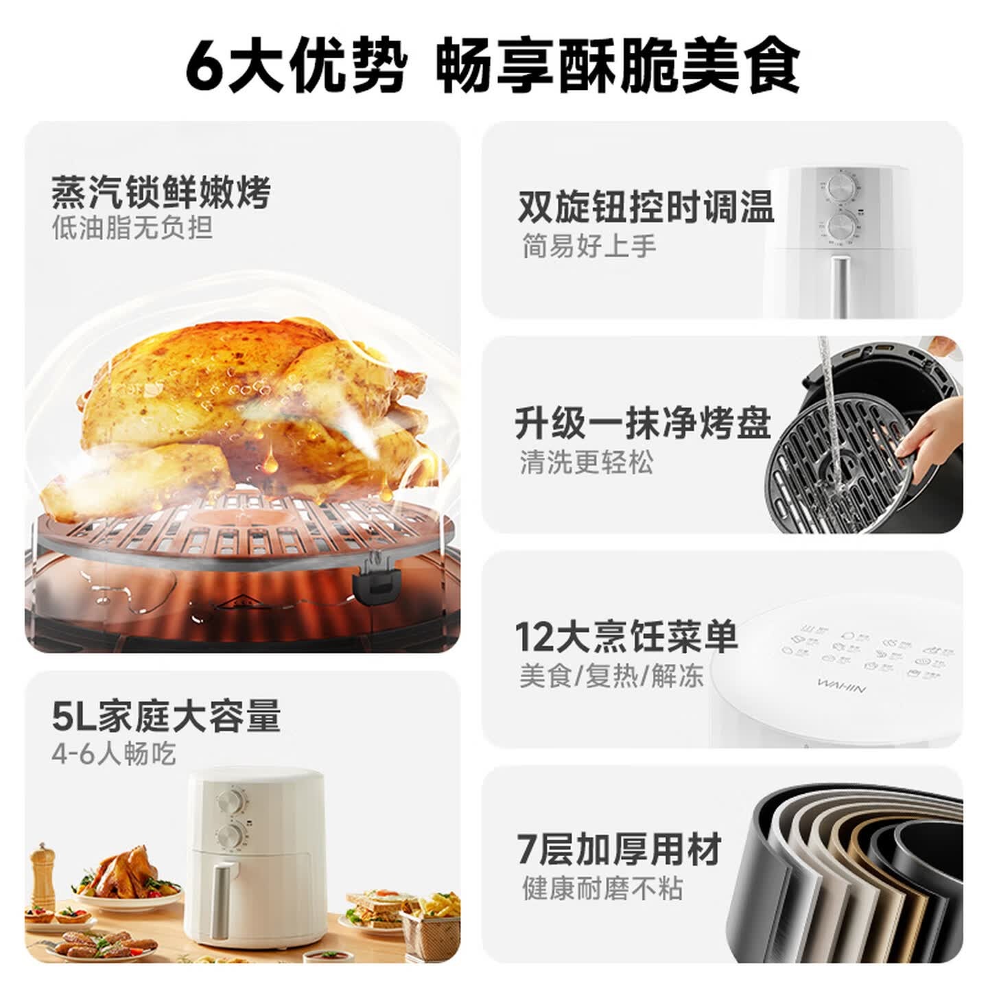 华凌天猫升级款 美的出品 5L大容量空气炸锅 双旋钮免翻面蒸汽嫩烤 低油轻脂 多功能烘焙炸烤箱KZE5015高清大图