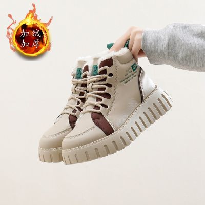 厚底女鞋新款冬季高帮加绒保暖老爹鞋百搭增高休闲雪地靴_2 37 卡其