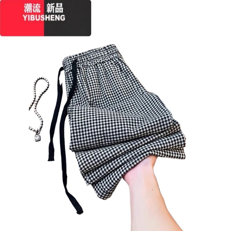 YIBUSHENG2024新款韩版慵懒风chic格子休闲裤女潮流直筒洋气百搭阔腿裤薄气高清大图