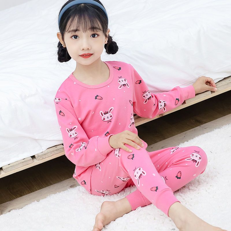 儿童内衣套装棉1-15岁男童秋衣秋裤长袖春秋冬女童睡衣中领_367 120码【身高108-118cm穿】 粉可爱兔-CFX/低领/纯棉