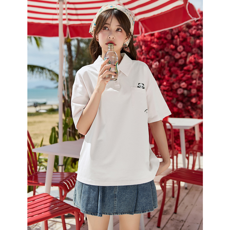[1.5折价41元]唐狮春夏新款polo衫短袖t恤女时尚高级夏季纯棉白色短袖小个子女