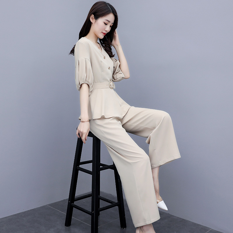 班俏banqiao阔腿裤套装v领夏季新款女装御姐轻熟风气质时尚两件套简单