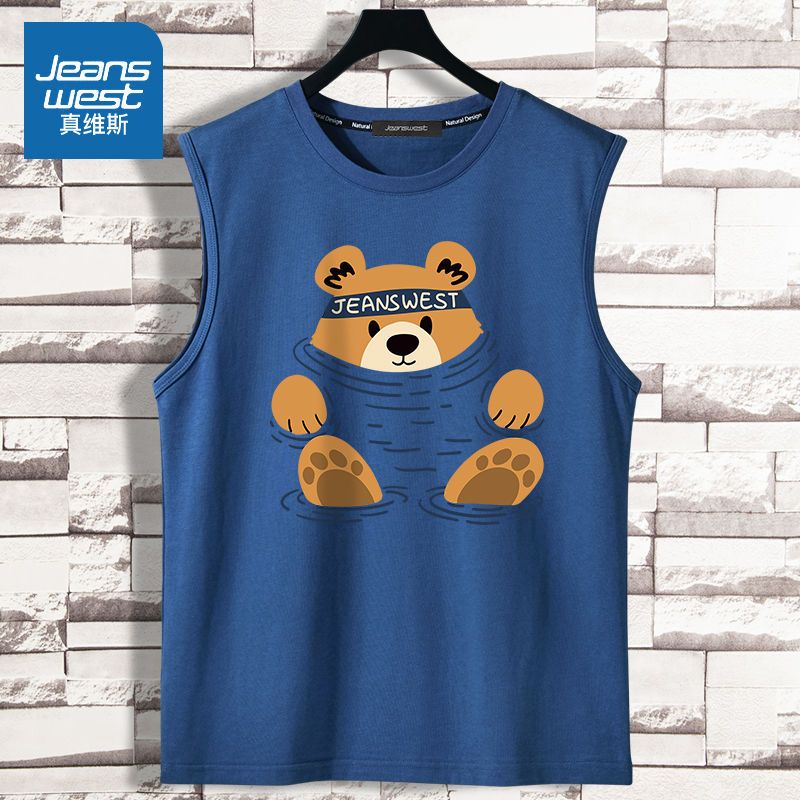 真维斯纯棉背心男外穿学生宽松篮球运动砍肩夏季小熊印花无袖t恤